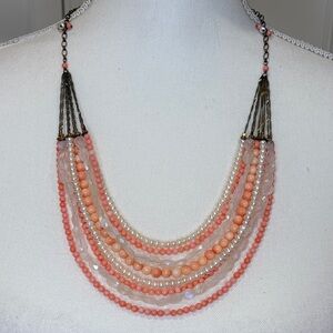 Multi-Strand Natural Pink Coral & Freshwater White Pearl Statement Necklace 26”